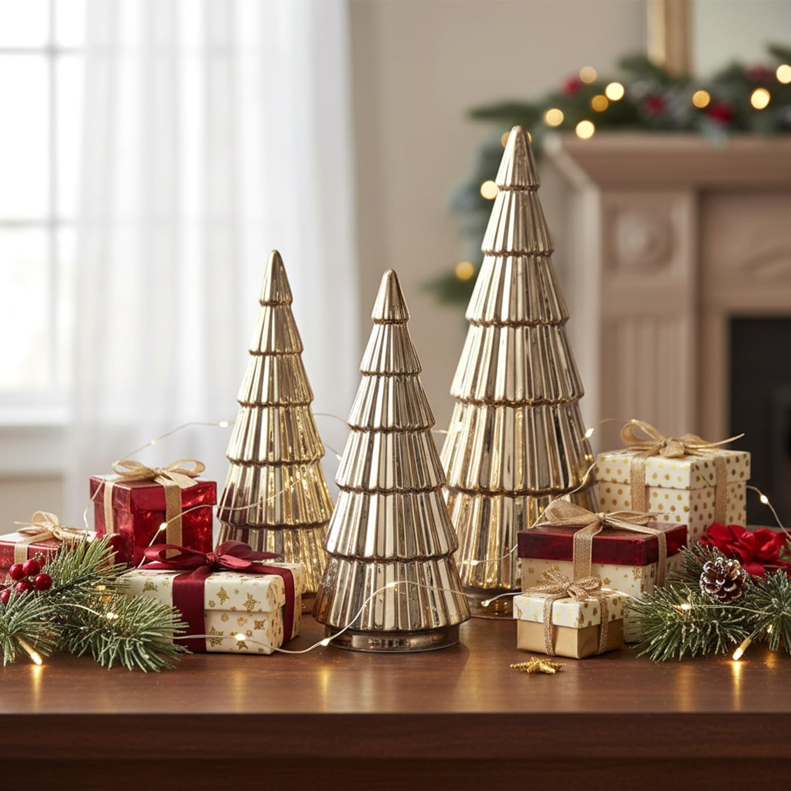 3 Pieces Gold Ceramic Christmas Tree Figurines Tabletop Small Decorative Xmas…