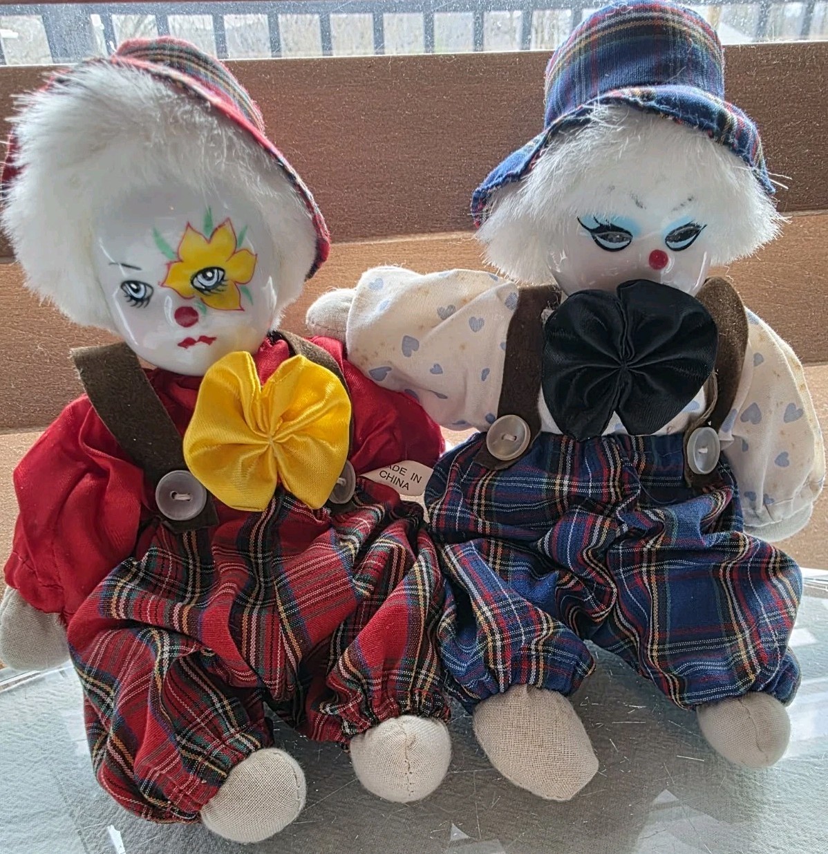 Set of 2 Porcelain Hobo Clown Dolls 7.5” Shelf Sitters Plaid Outfits Each…