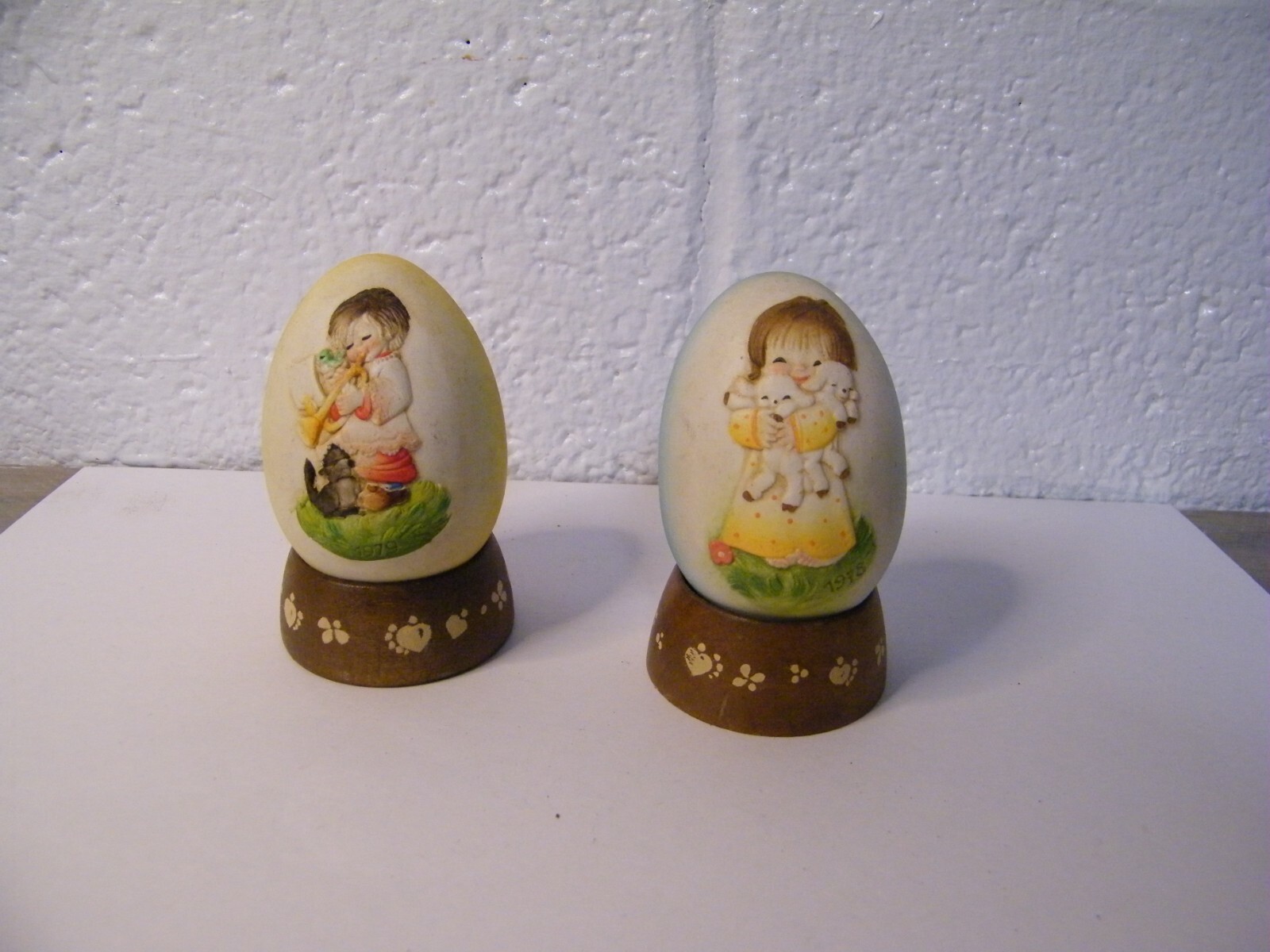 Jerrandie Decorative Eggs 1978 Girl Hugging Sheep & 1979 Girl Playing Horn
