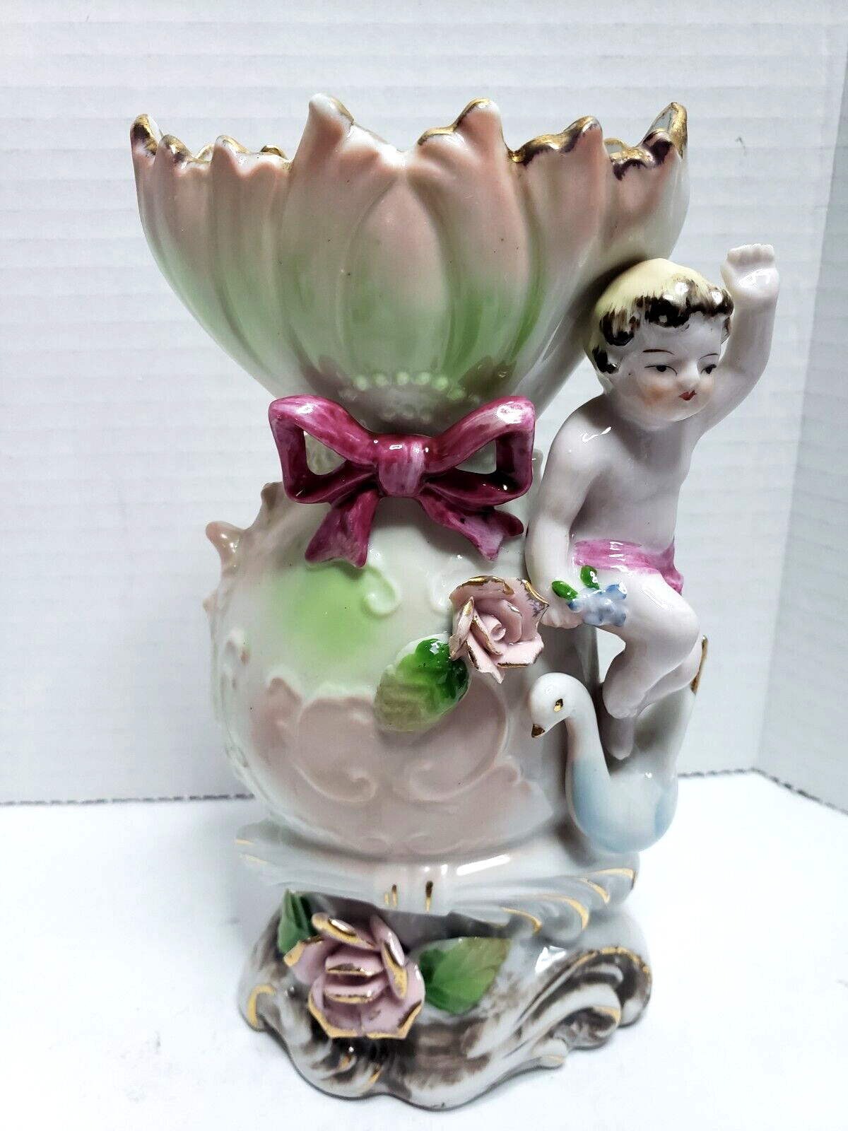 VINTAGE ROYAL JAPAN CHERUB ANGEL & SWAN VASE PINK GREEN BABY BLUE 7″T