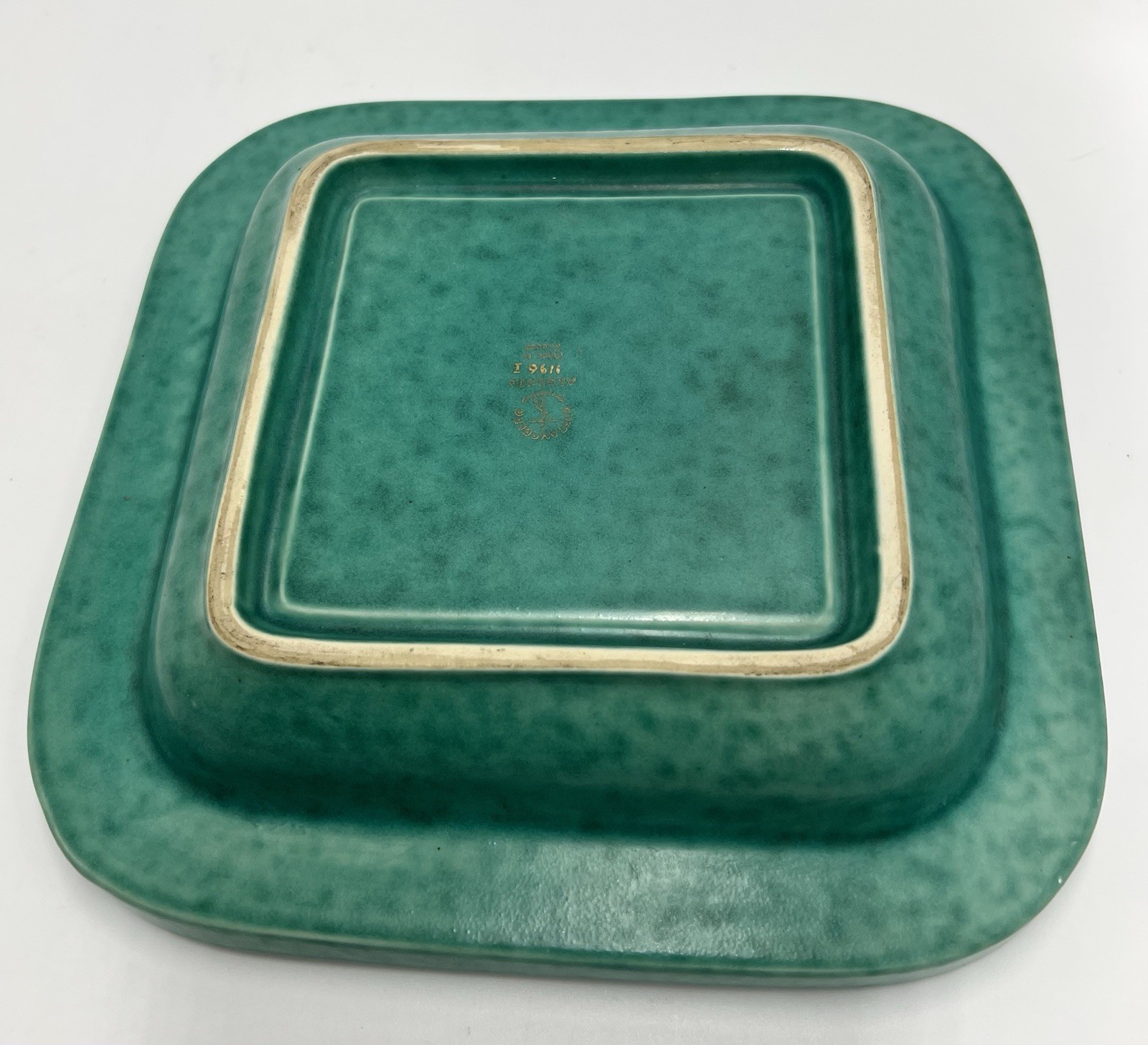 MCM W. Kage Swedish Ceramic Tabletop Square Bowl Sterling Silver Flowers Teal