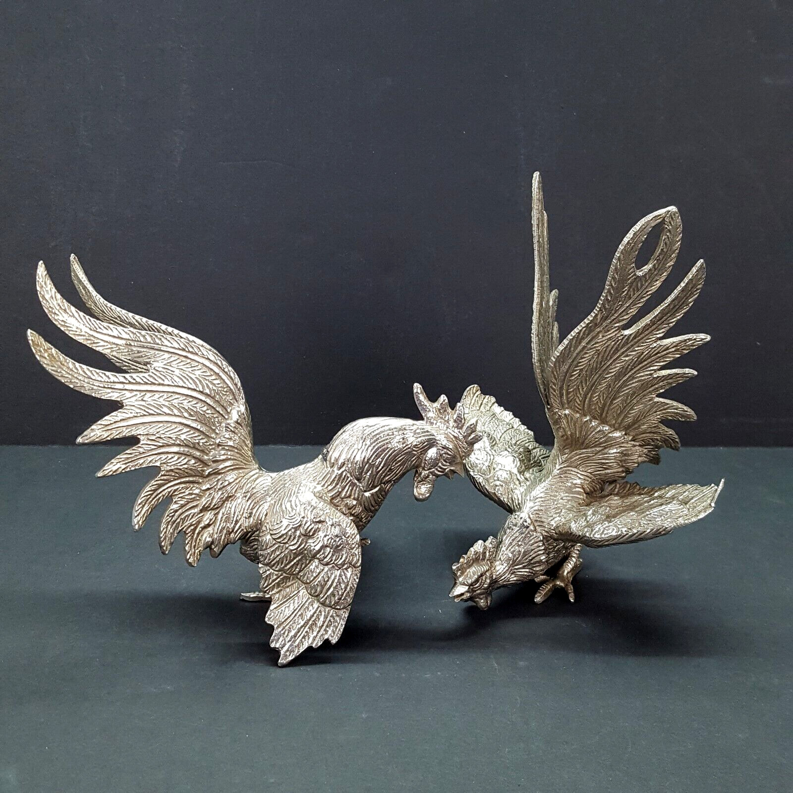 Pair of Vintage Silver Plate Fighting Cock / Rooster Sculptures Ornament