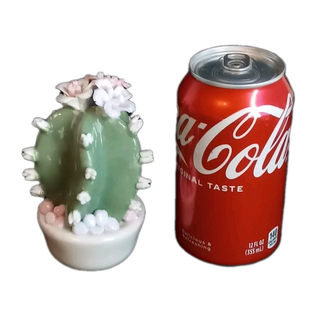 Vintage Porcelain Cactus w Pastel Flowers In Planter Figurine 4.5″ Glossy EUC