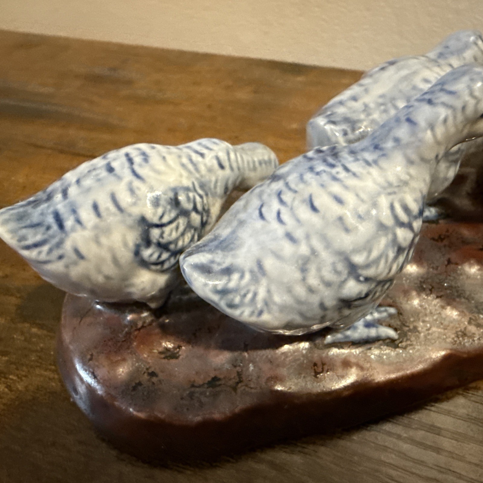 Vintage Chinese delft porcelain Figurine Woman Feeding Ducks Chinoiserie Art
