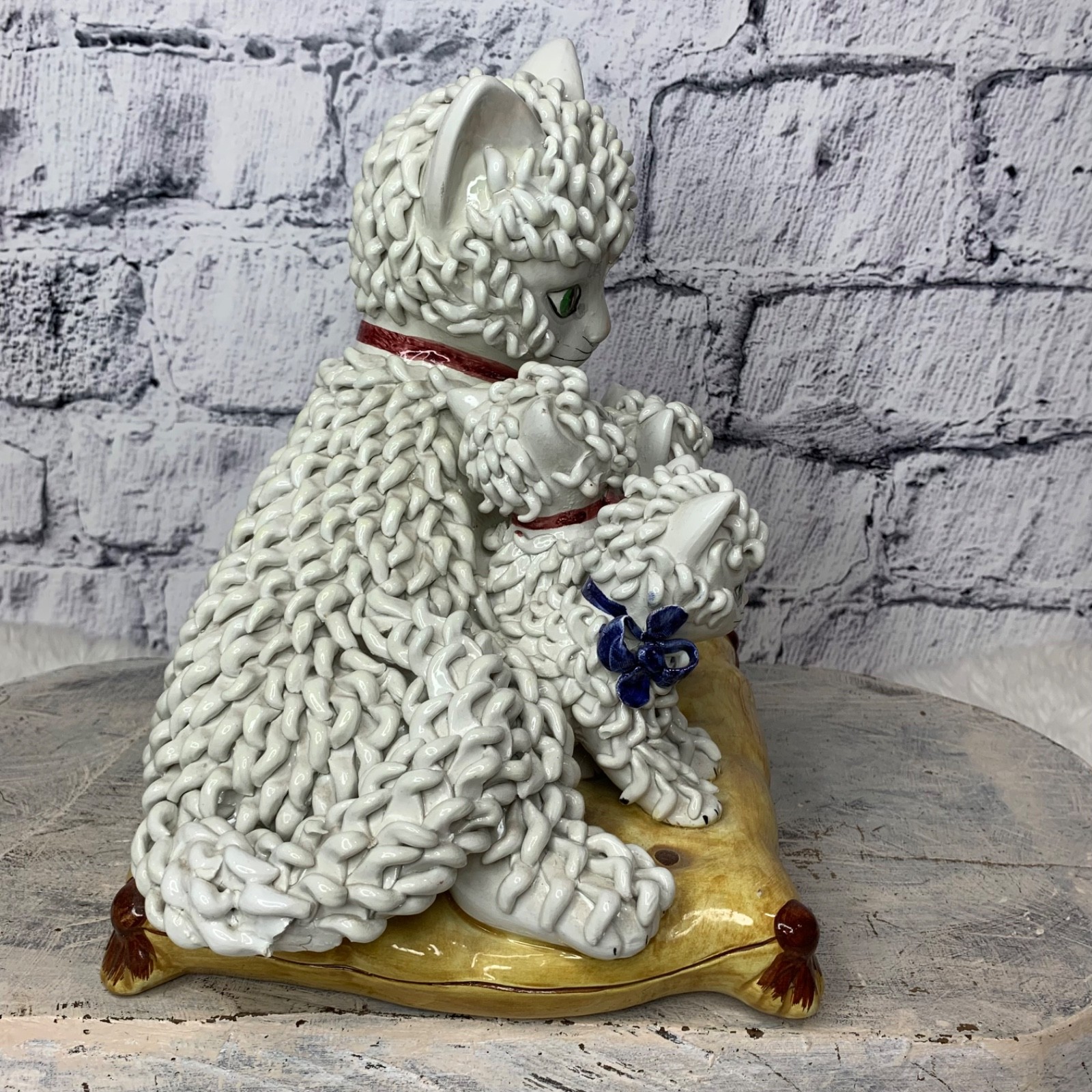 Vintage Italian Spaghetti Trim Cat Family Mother Kittens Pillow 1950s