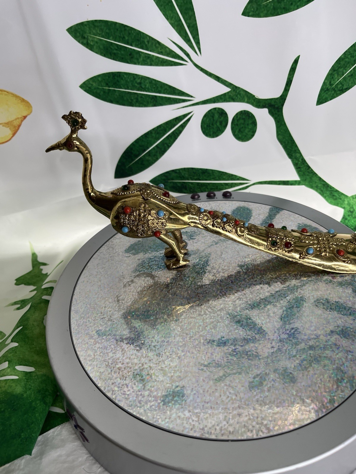 Brass Peacock Shoehorn Figurine with Inlayed Beads Art Deco Gently Used
