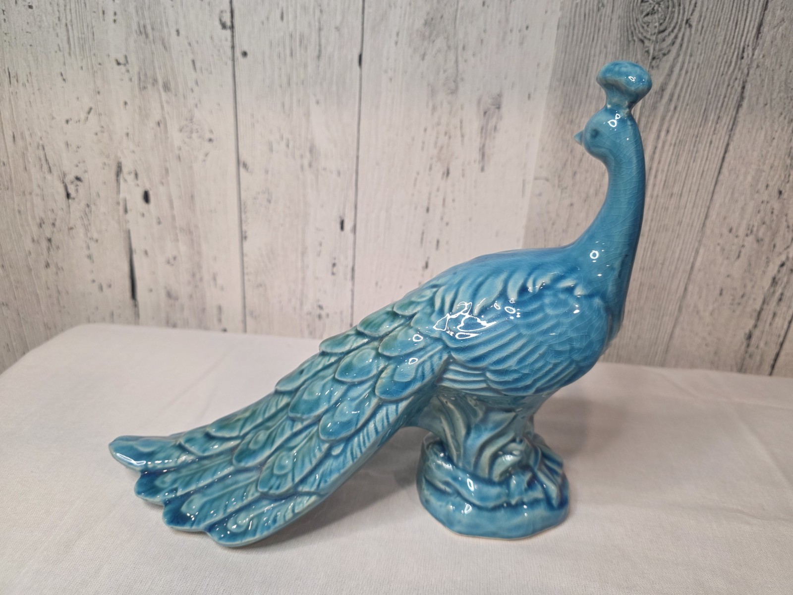 Large Ceramic Peacock Figurine 9″ H 11″ L Blue/Turquoise