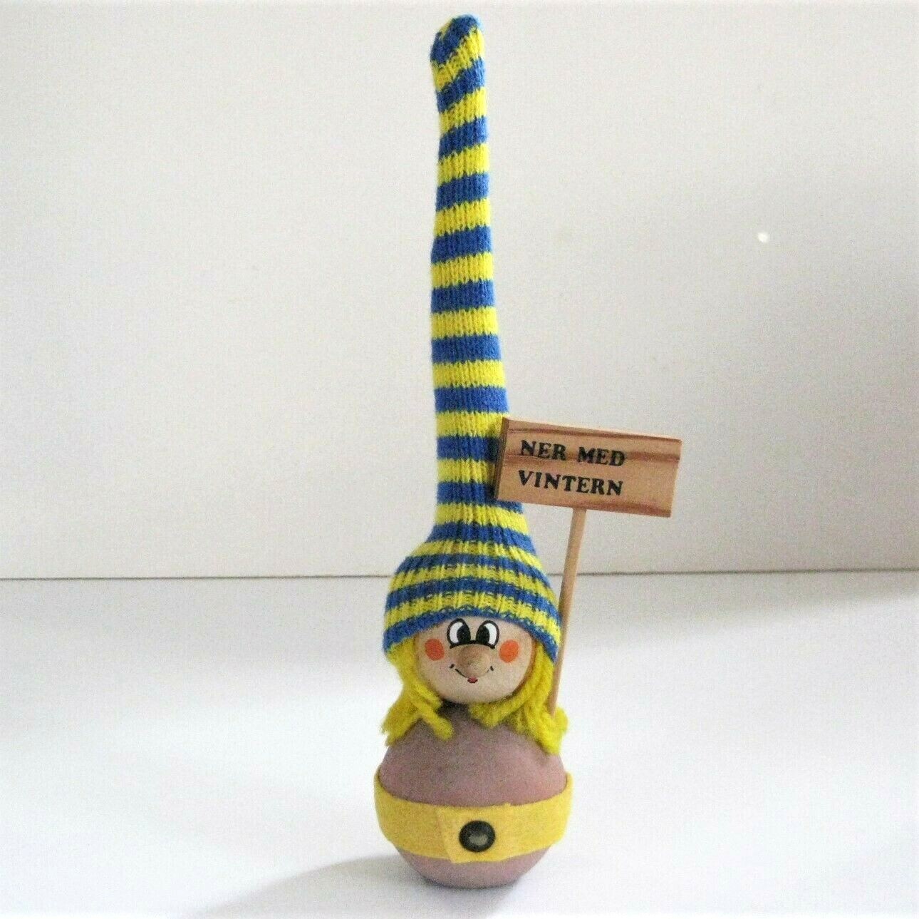 Sweden Folk Art Figurine 10.5in Tall Knit Hat Down with Winter Tomte Elf Vintage