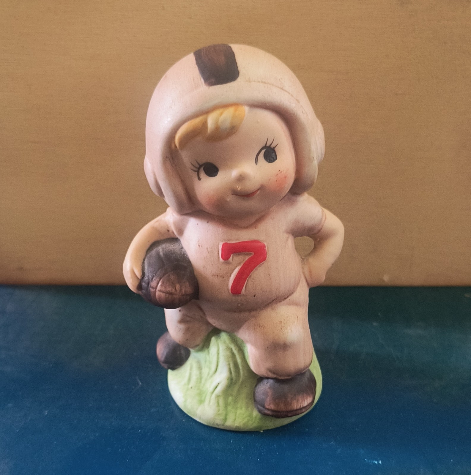 Ceramic Football Player Boy Figurine #7 3in White/Red/Green/Brown, 1 Pack
