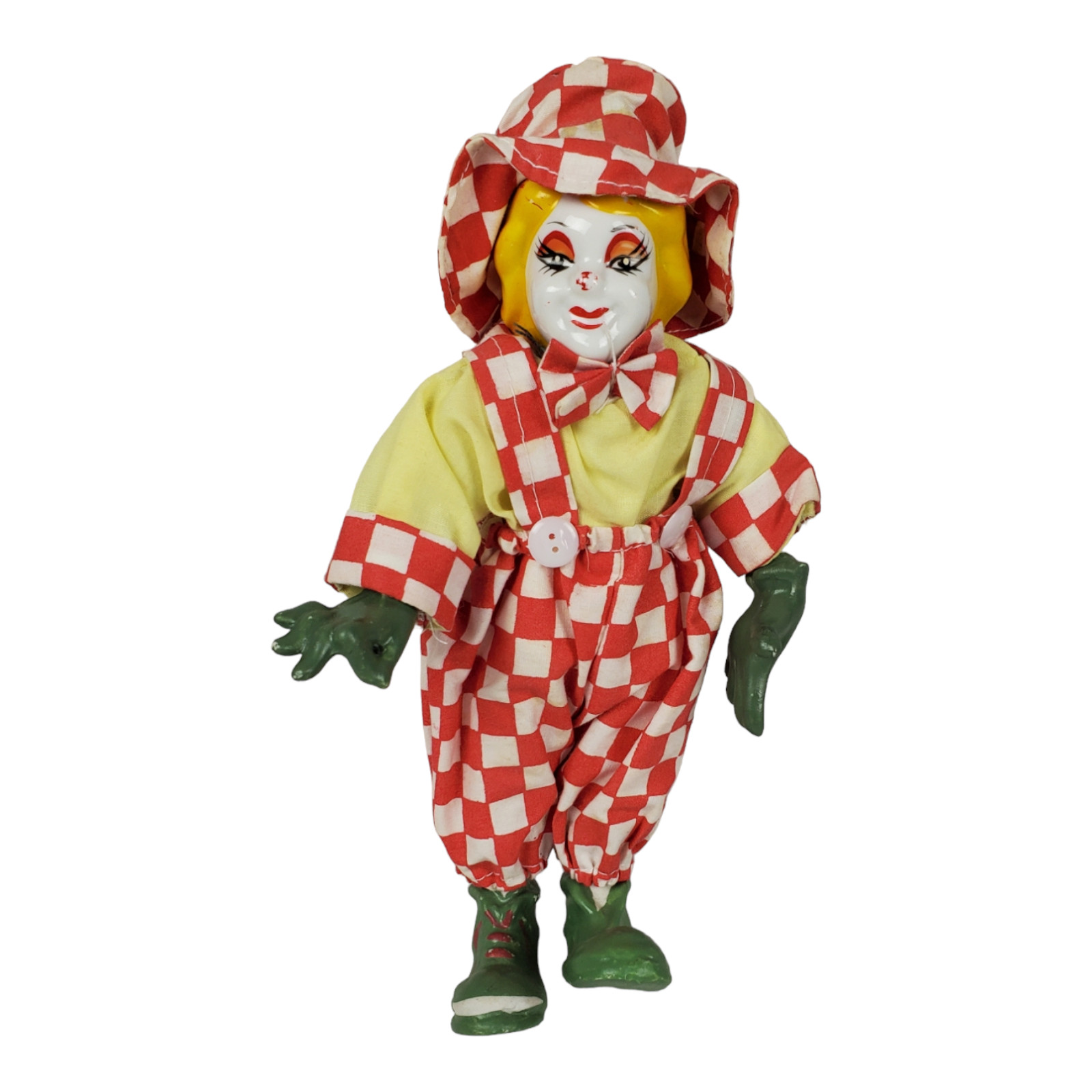 Clown Doll with Hat 9″ Figurine Green Hands And Feet Red Checkered Overalls