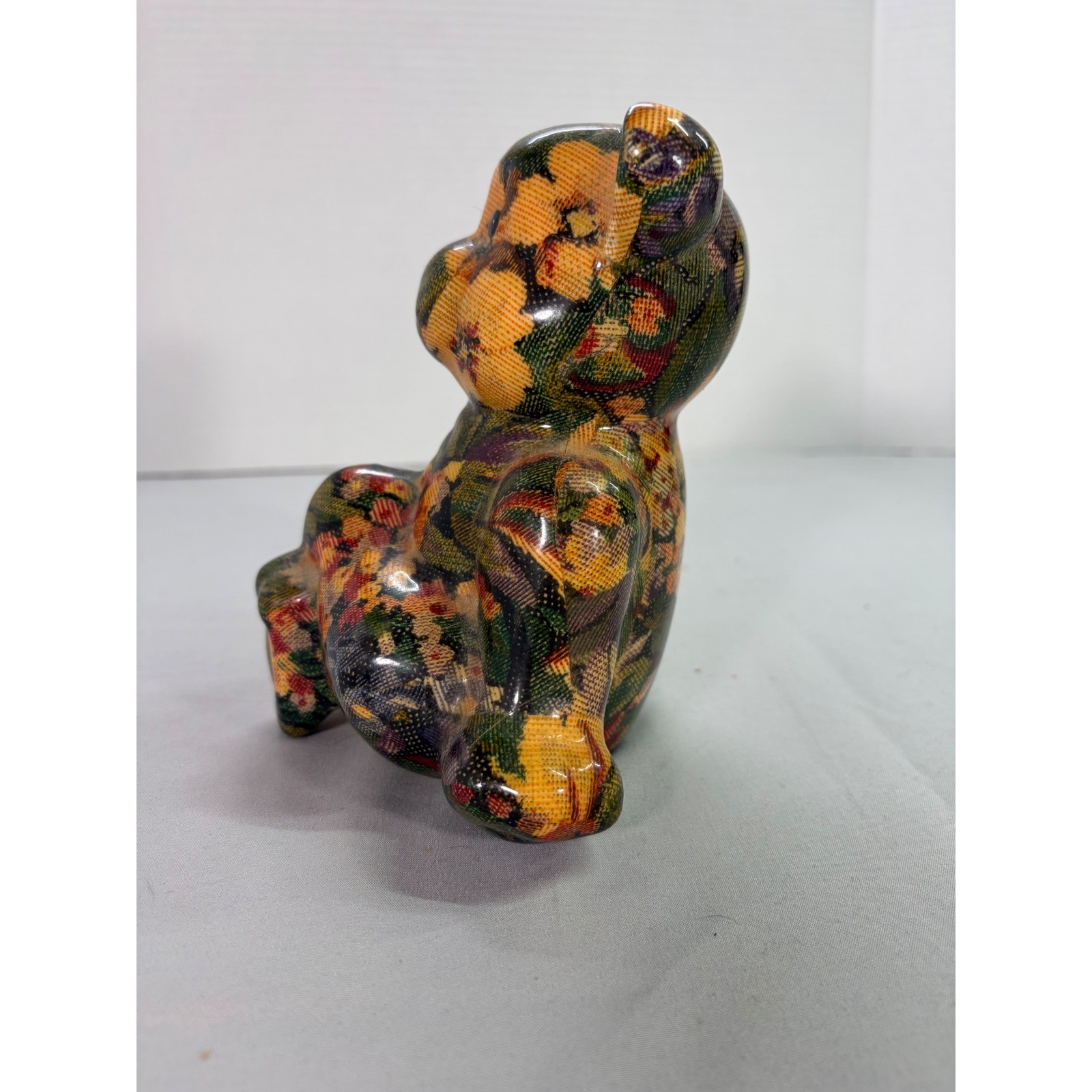 Vintage Joan Baker Floral Patchwork Teddy Bear Tapestry Figurine Cottage Core