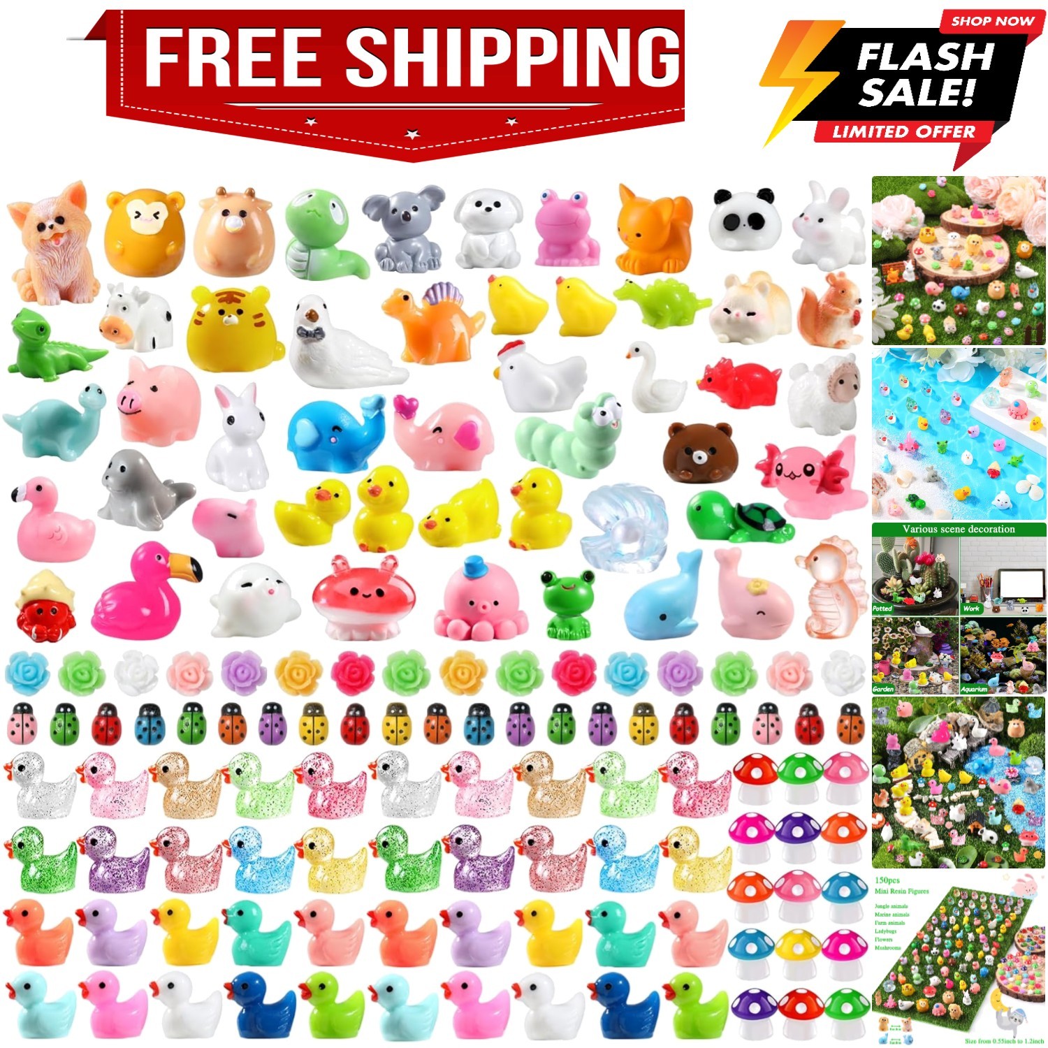 150pcs Mini Resin Animals, Colorful Tiny Small Little Glitter Ducks Mushroom …