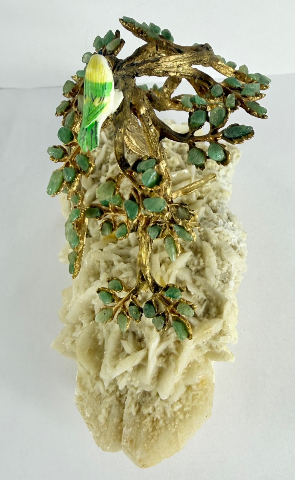 Swoboda Jade Leaves Tree With Bird Gold Trunk Branches Mineral Base VTG 60s