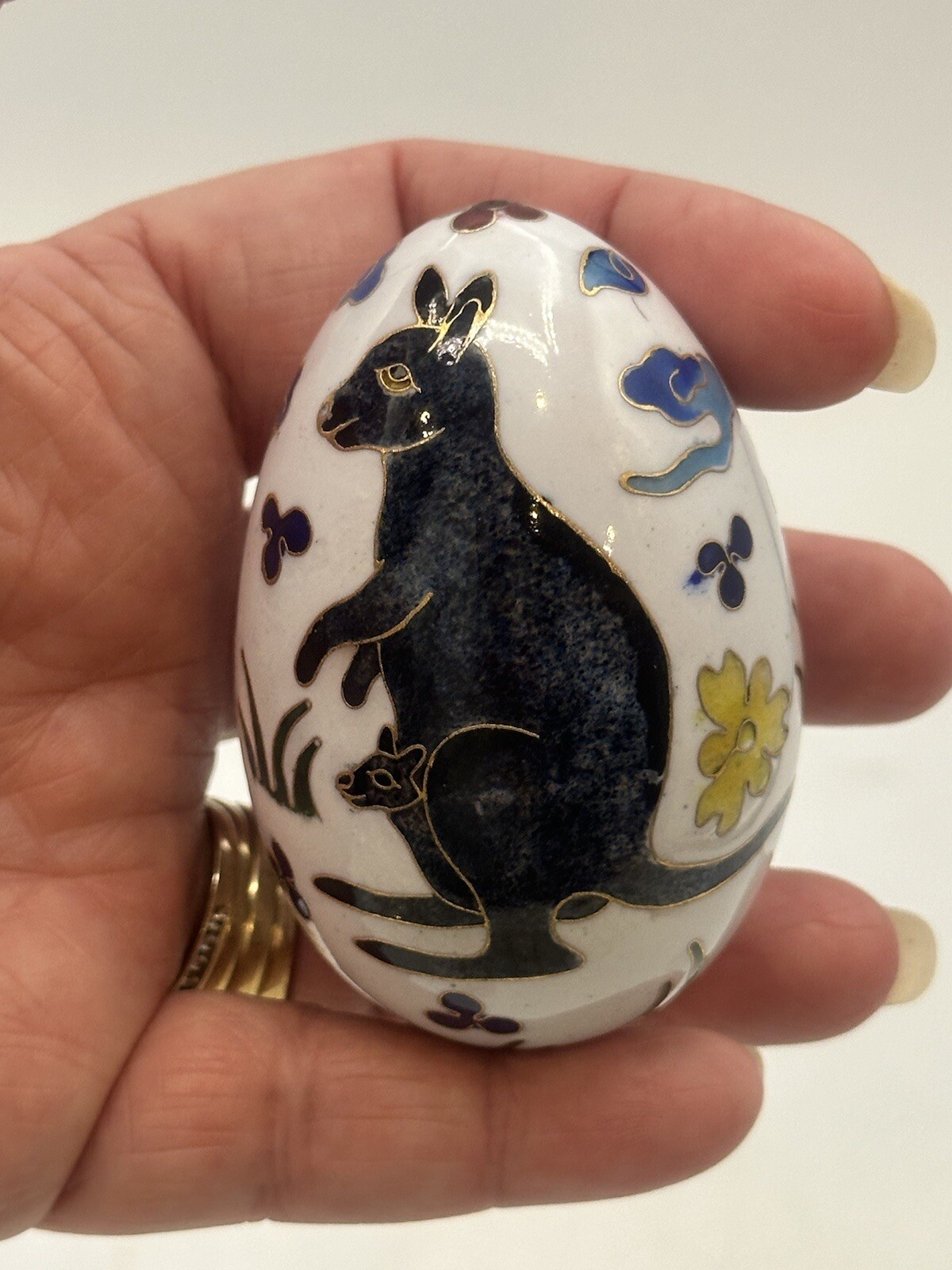 Cloisonné Decorative Egg Kangaroo & Floral Theme Brass And Enamel Art With Stand
