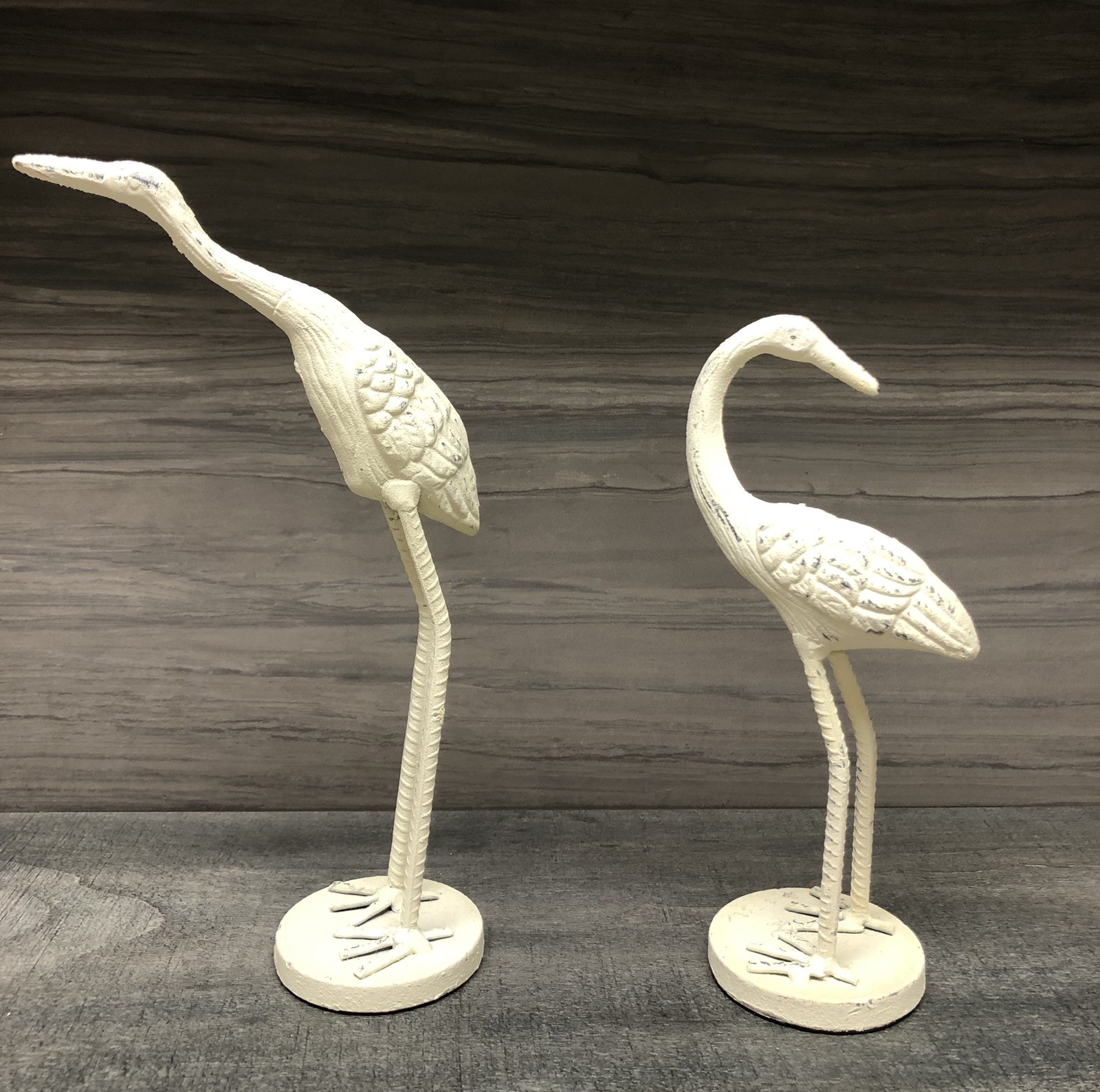 Pair Of Distressed White Metal Coastal Bird Sculptures 10” And 12” Tall