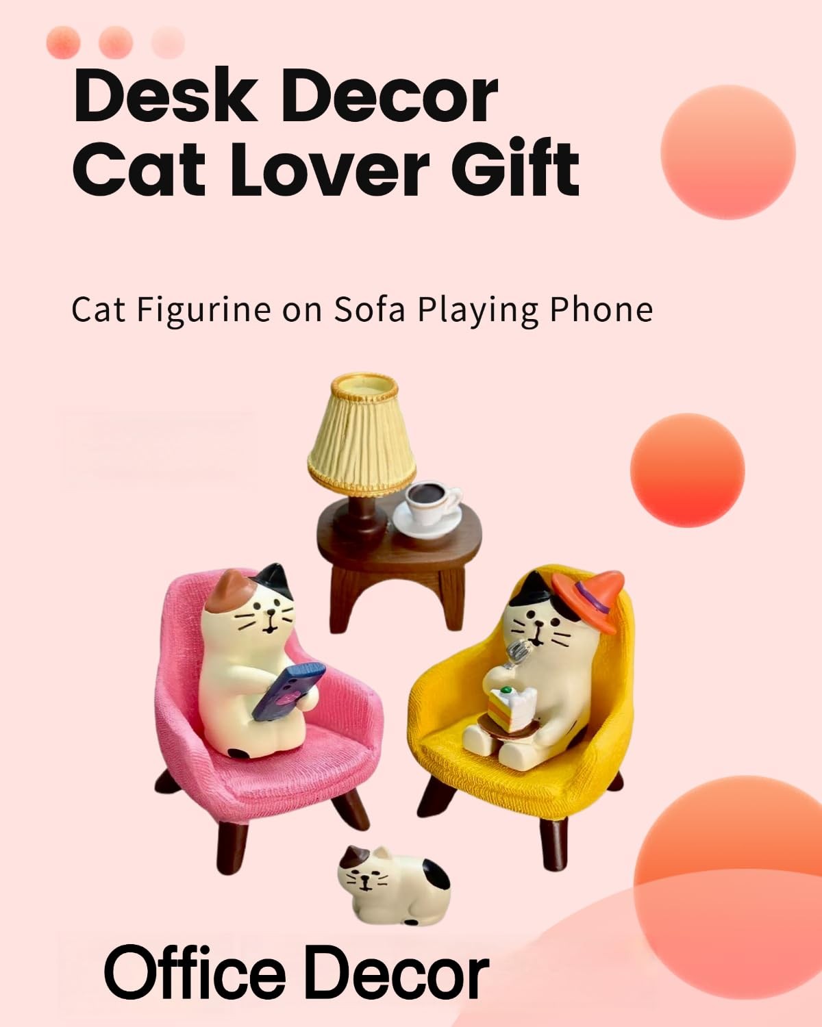 Miniature Cat Figurines Set â€“ 6-Piece Resin Desk Decor with Sofa & Lamp, Cute