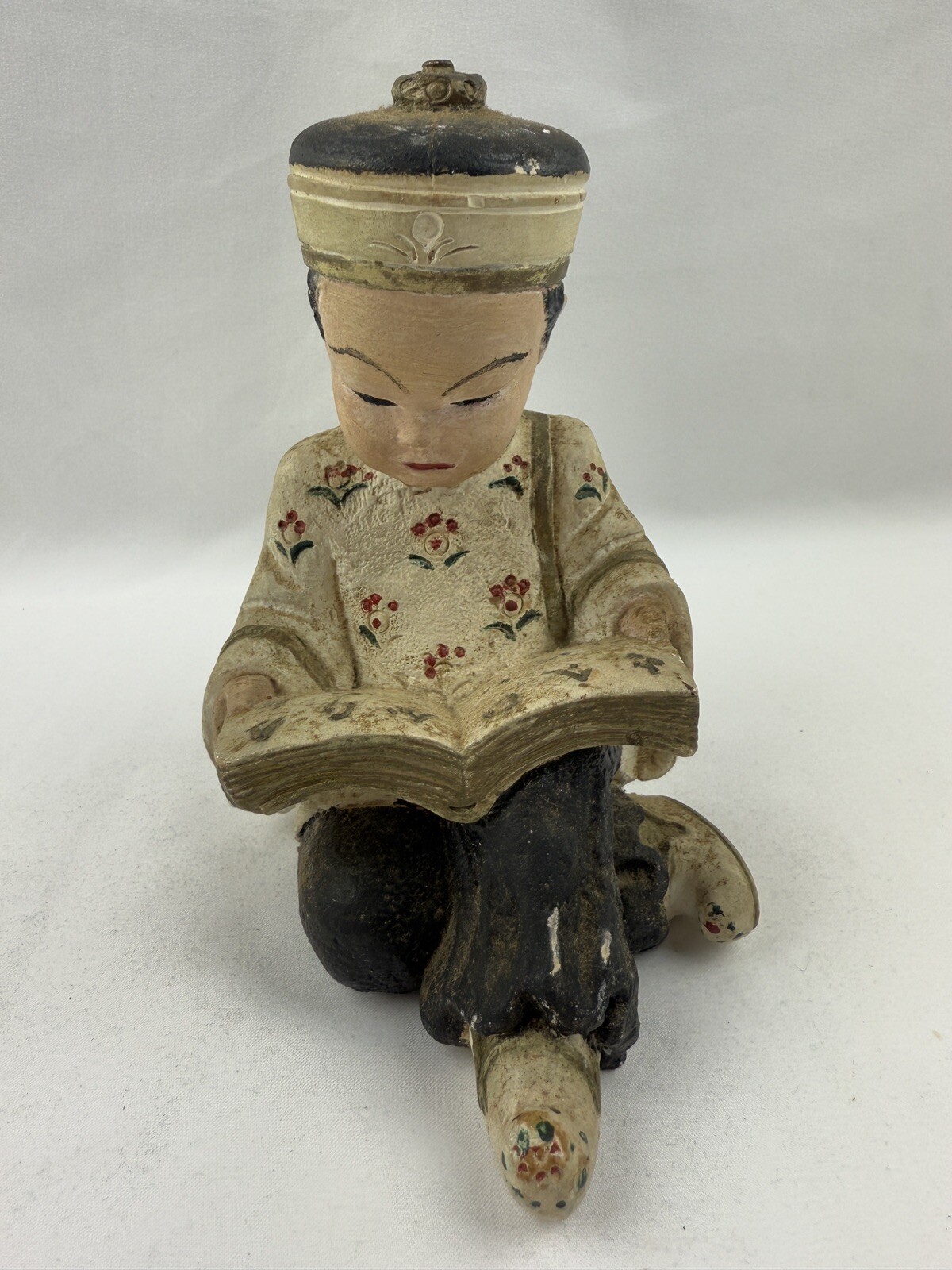Vintage Pair of Asian Girl & Boy Reading a Book Chalk Ware Figures