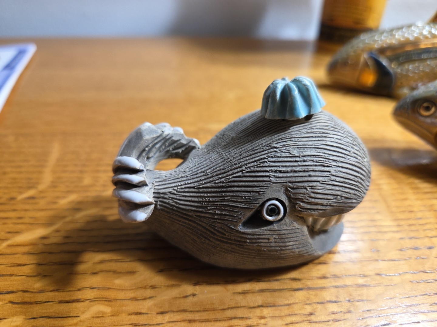 Artesania Rinconada Signed Clay Figurine Brown Smiling Whale, Uruguay, 3″