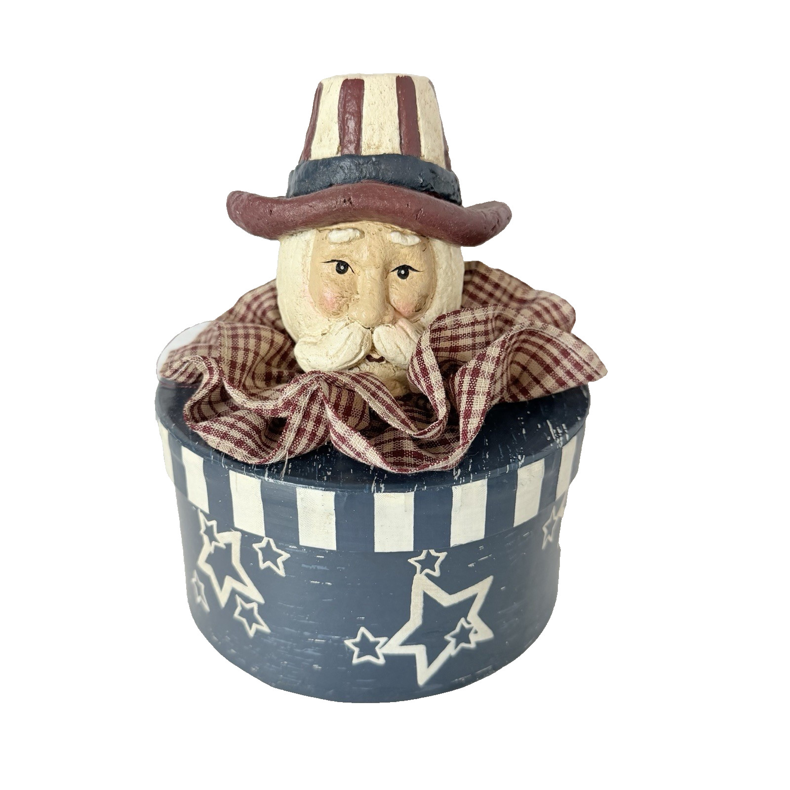 Patriotic Paper Mache’ Uncle Sam Head Round Box Americana 4th of July