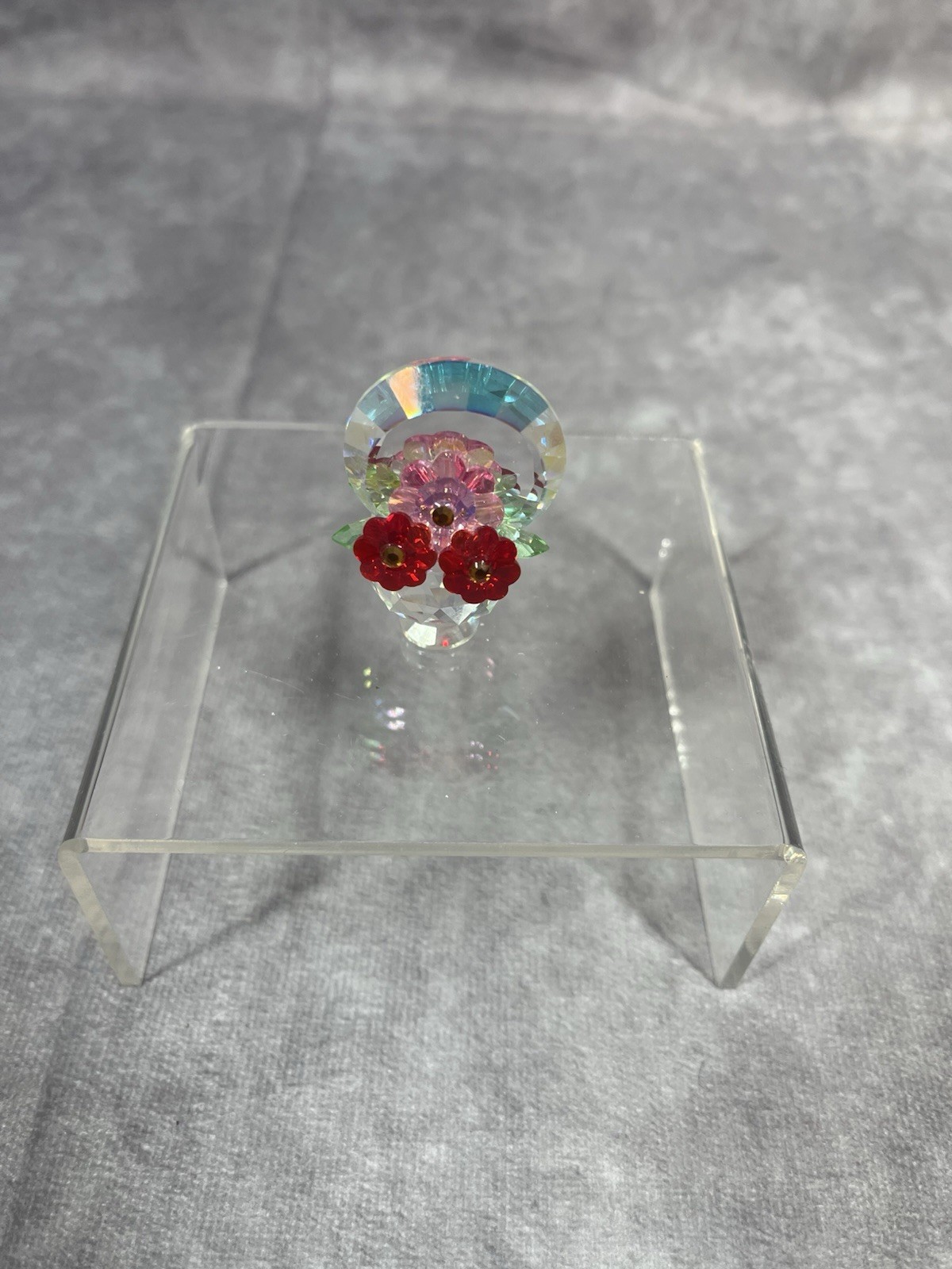 Vintage Iris Arc Crystal Red/pink Flowers In A Crystal Basket Signed 1.5”