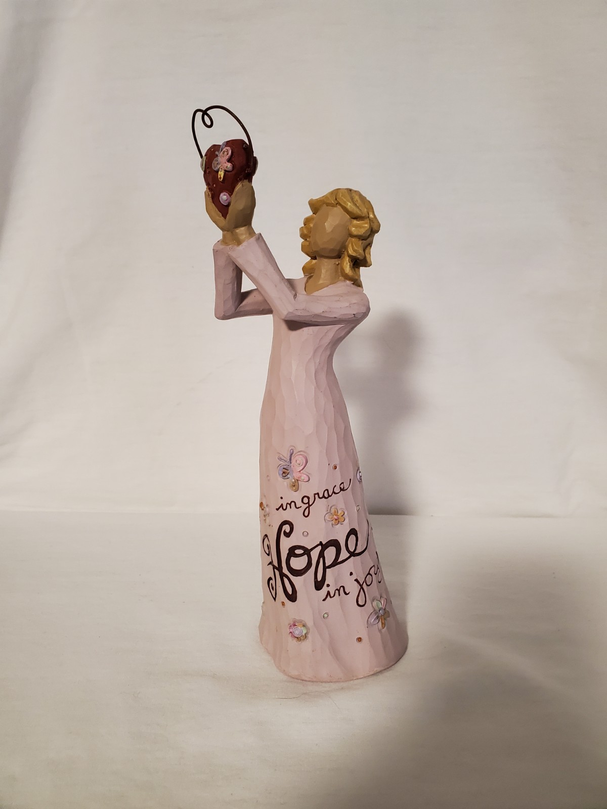 Hope Inspirational Figurine Pink Resin Girl Holding Heart Floral Painted
