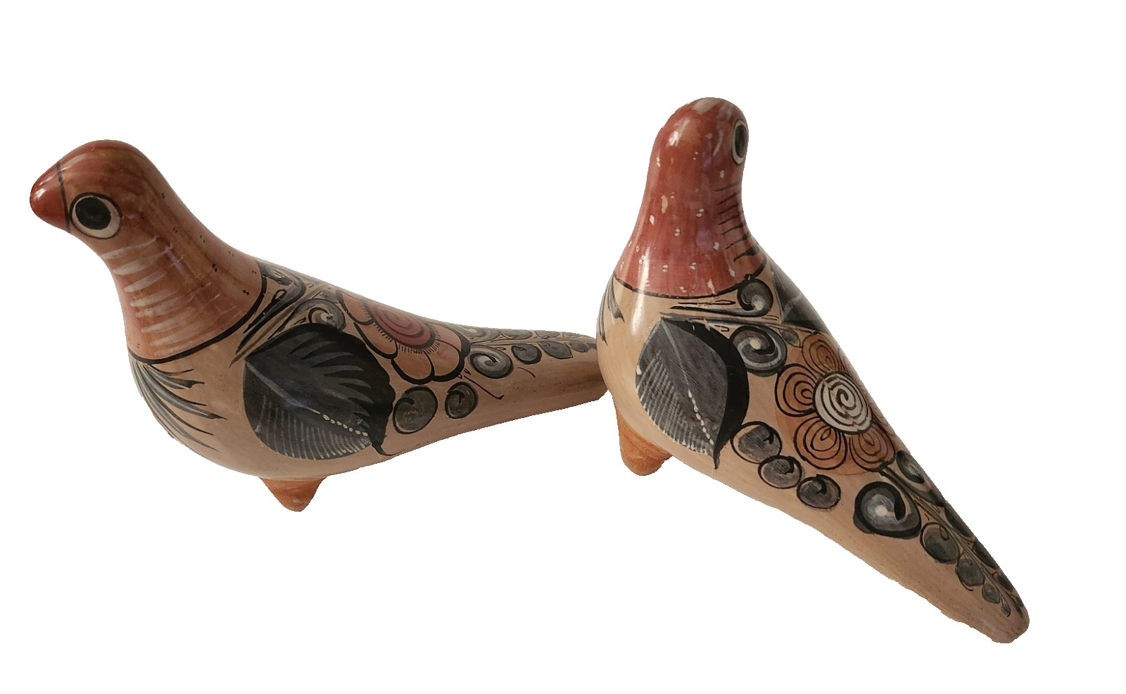Tonala Footed Dove 2 Figurines Mexican Clay Pottery Hand Painted Folk Art Birds