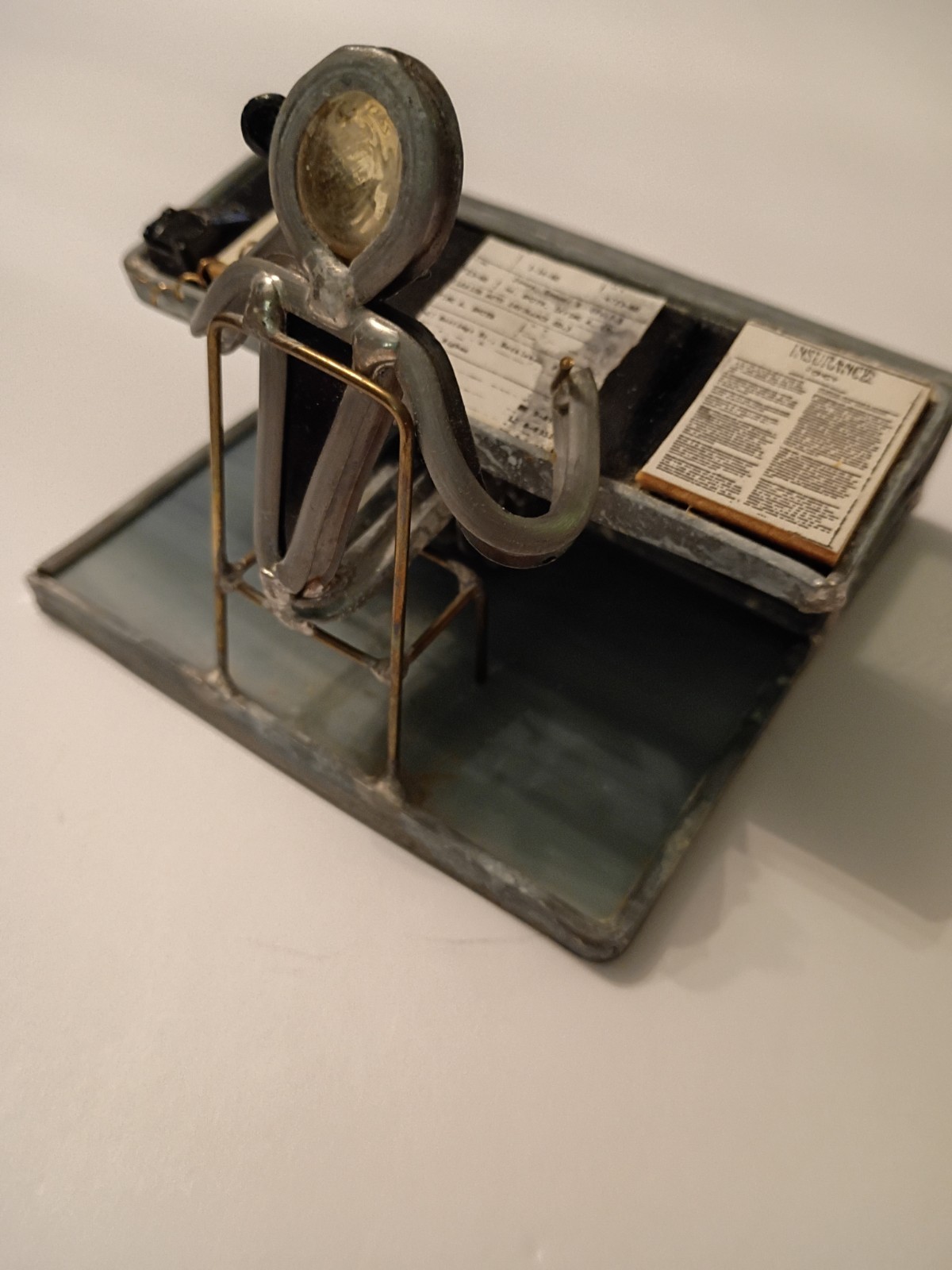 Vintage Metal & Glass Art Business Person Business Card Hold Figurine Sculpture
