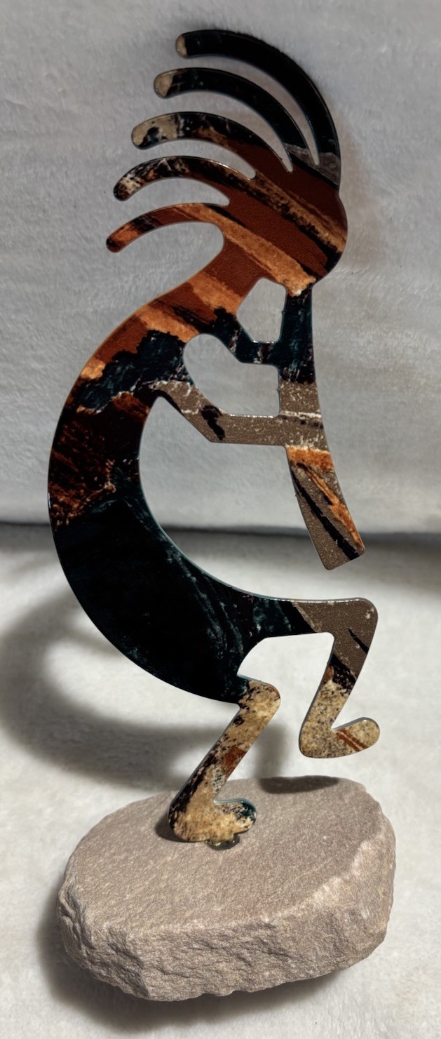 Kokopelli Sculpture Flute Dancer Metal Enameled Stone Lavart Petroglyphs 9″ Vtg