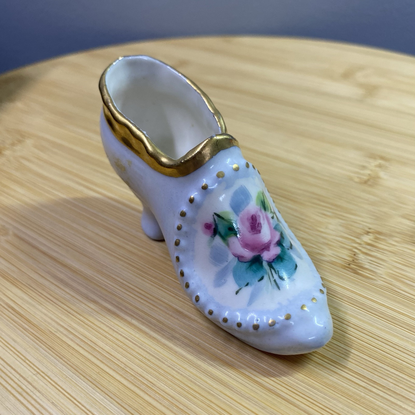Vintage PASCO Miniature Hand Painted Floral Gold Leaf Ceramic High Heel