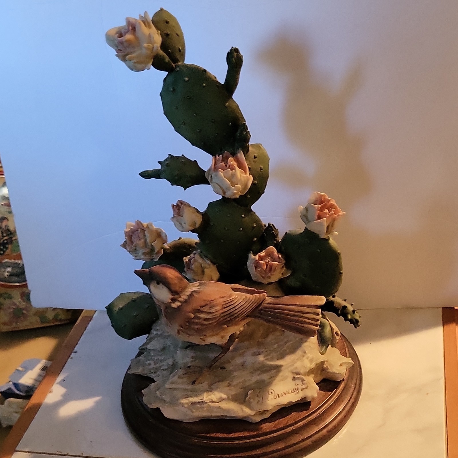 G Armani Porcelain Bird Figurine Hand Painted Cactus Flowers Wooden Base