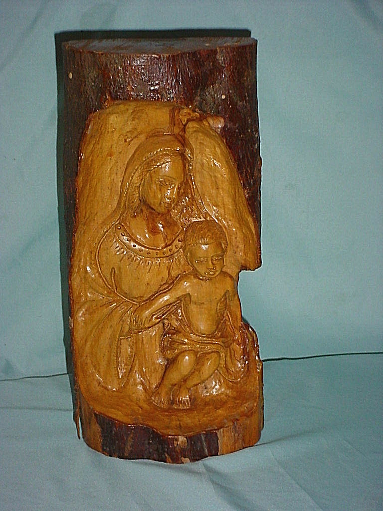 14″ ANTIQUE CARVED TREE LIMB LOG STATUE Madonna Child Mary Christian Religious
