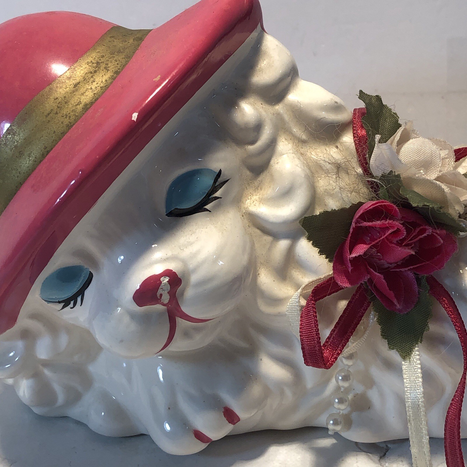 Ceramic Sleeping White Dog Figurine w Pink Hat and Sprig of Flowers Taiwan
