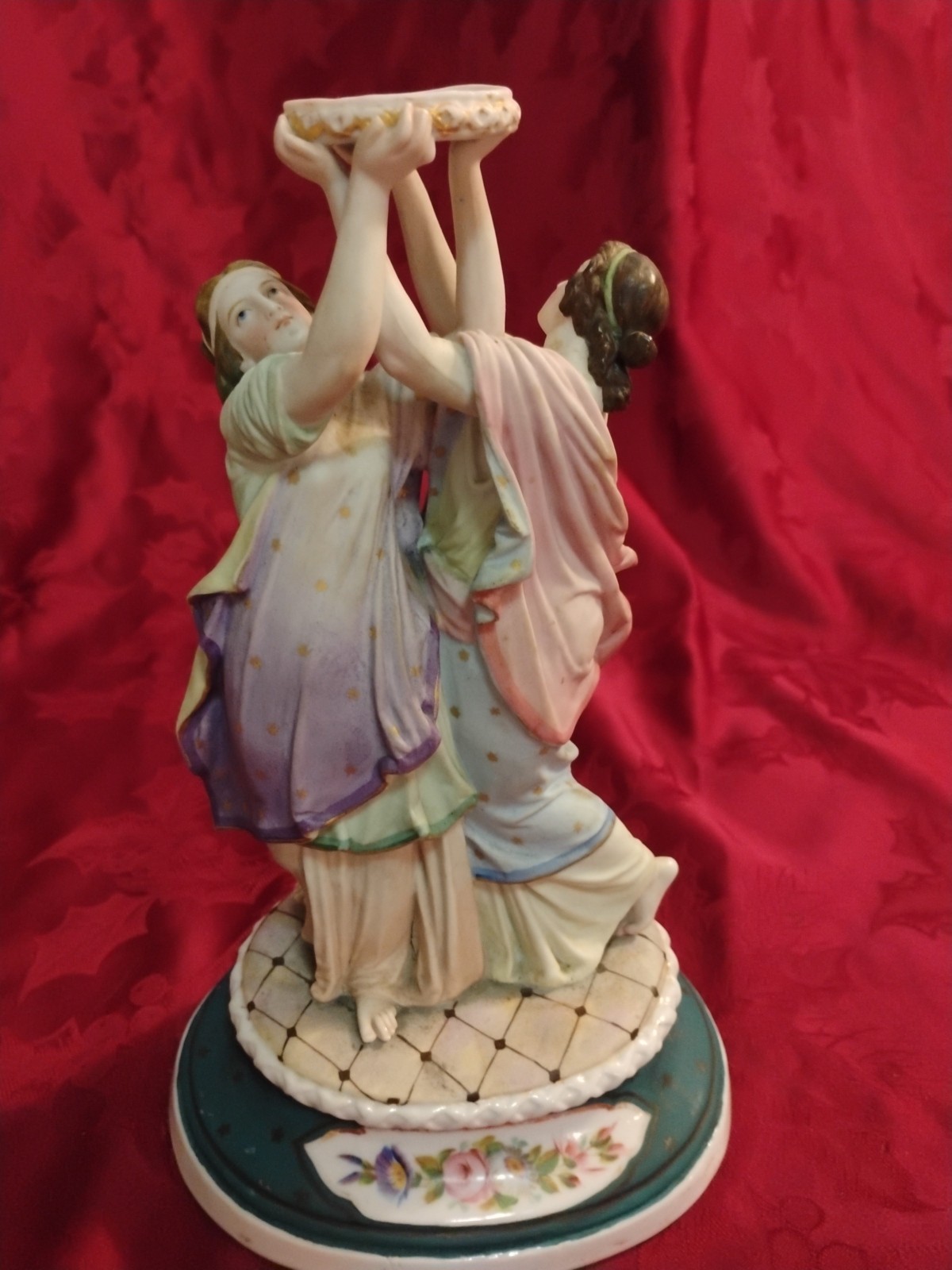 Antique Neoclassical Figurine 2 Women Holding A Platter Bisque Porcelain
