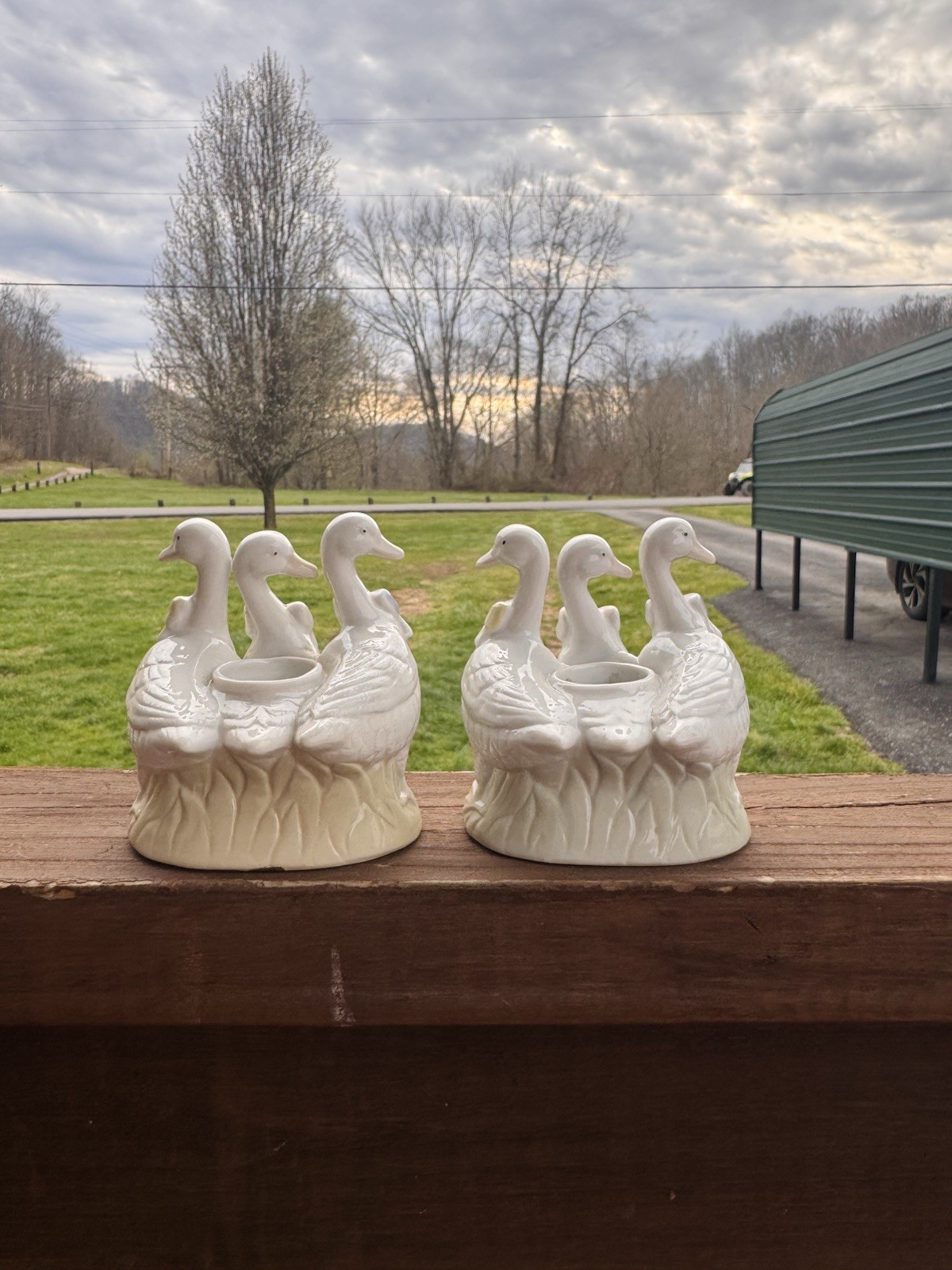 Vintage Ceramic Goose Candle Holder Set of 2 White Glossy Decor