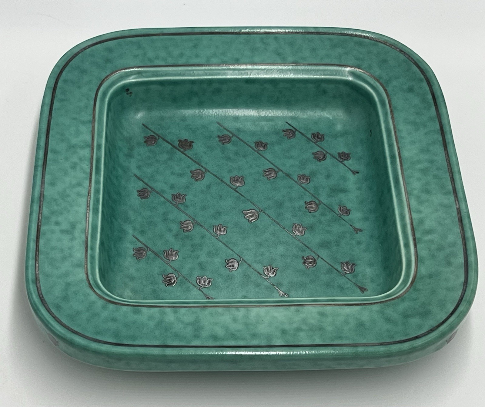 MCM W. Kage Swedish Ceramic Tabletop Square Bowl Sterling Silver Flowers Teal