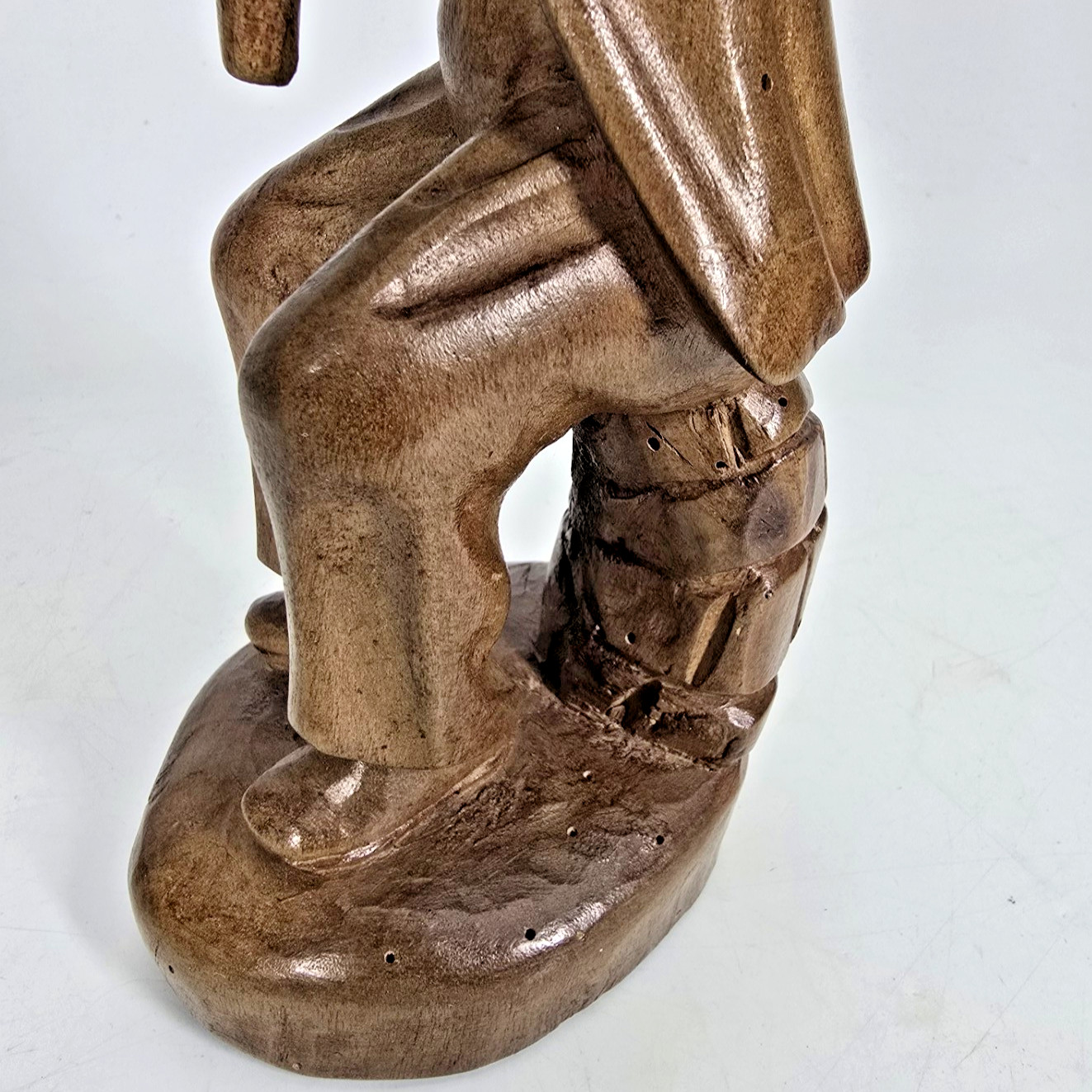 Art Wood Carved Man Musical Instrument Figure 9.75″ Handmade Craft Brown Vtg