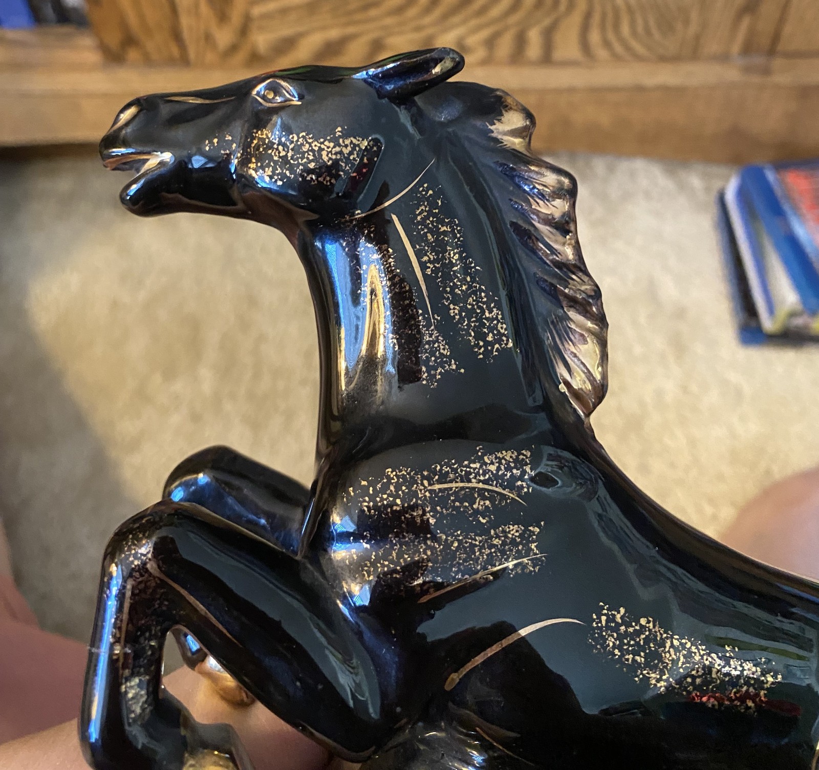 Mid-Century Modern Black & Gold Rearing Horse Figurine Ceramic READ DESCRIPTION
