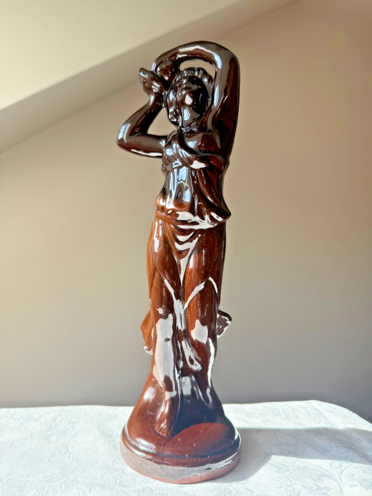 Keramo Figurine Czechoslovakia Art Pottery Woman Carrying Jug Brown Glaze