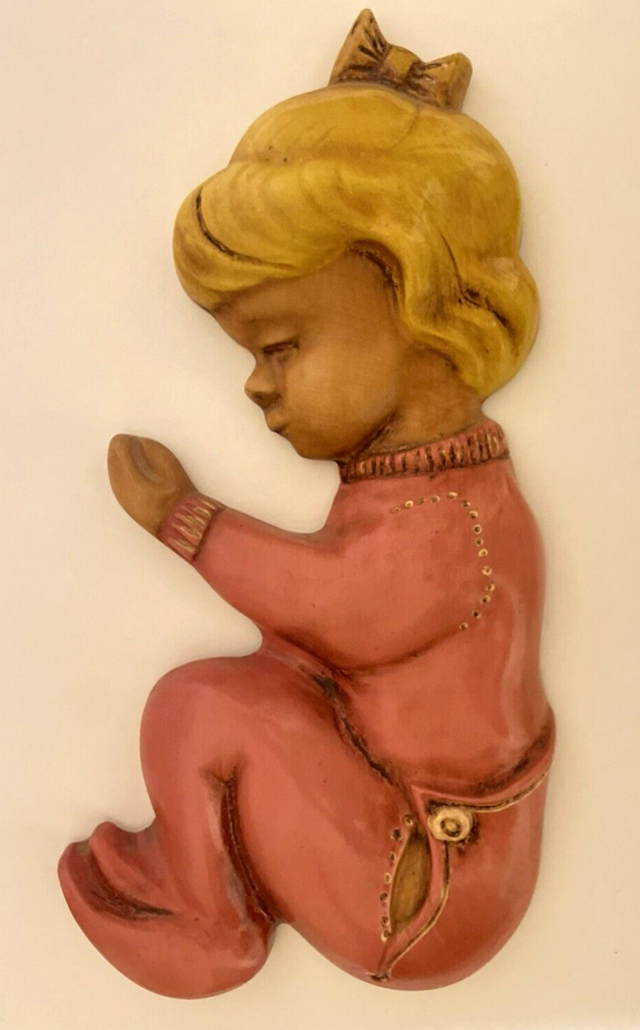 VTG Chalkware Little Girl Wall Art 11.75″ Pink PJs Blond Hair Nursery Plaque EUC