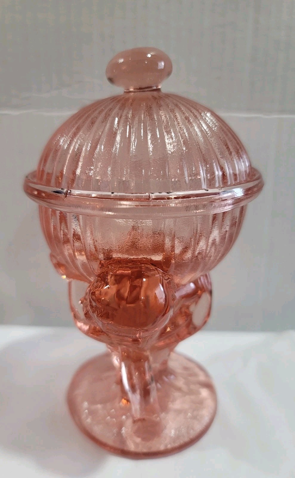 Vintage Selenium Glass Cherub Boy Holding Fluted Globe Lidded Candy Jar 6.25″ H