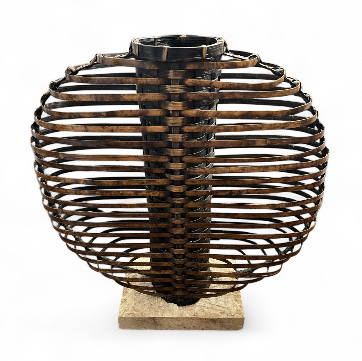 Palecek Woven Rattan Vase Basket Sculpture on Stone Base 24 in Vintage