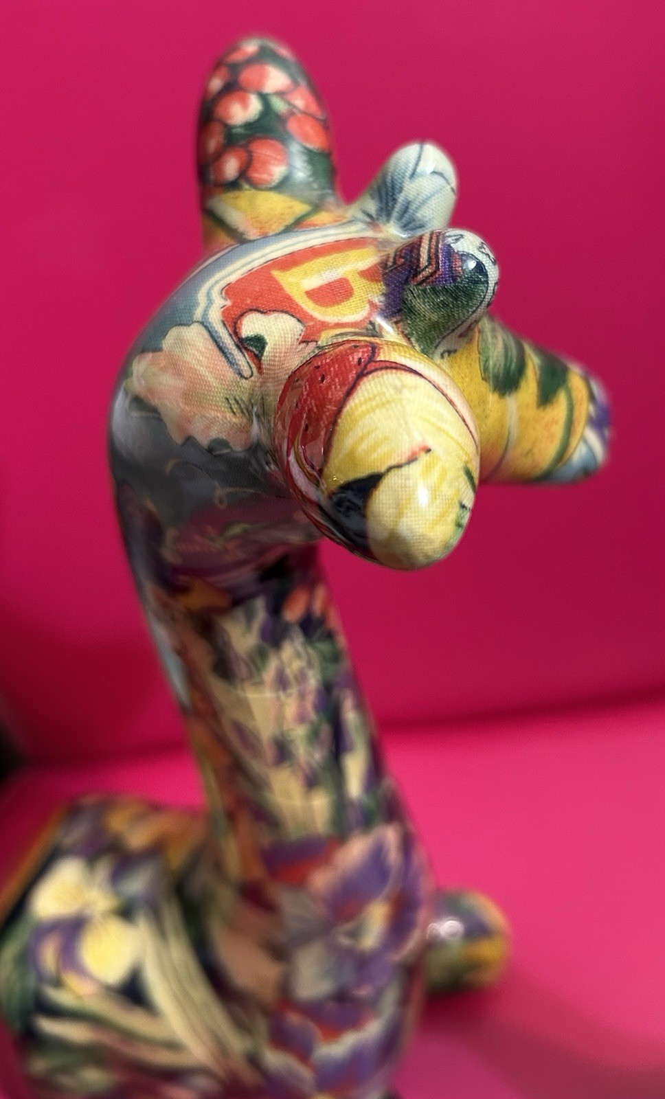 Vtg Patchwork Giraffes Mother & Baby Statue, Fruits & Floral Print, Cottagecore