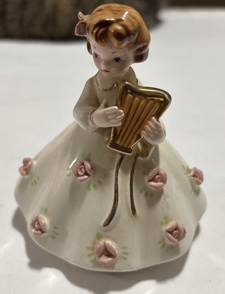 Vintage Lefton Girl In Dress With Harp Figurine, Japan, 3.75”