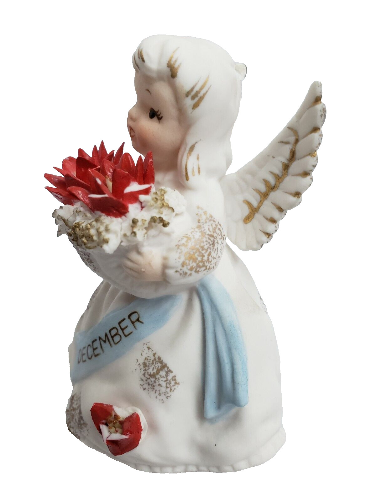 Lefton December Birthday Girl Vintage Angel Christmas Poinsettia Matte Gold Leaf
