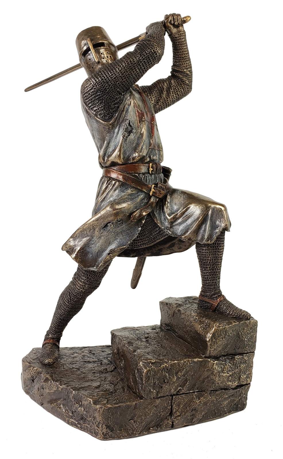 11 1/2″ Medieval Times Templar Knight on Stairs W Sword Statue Bronze Color