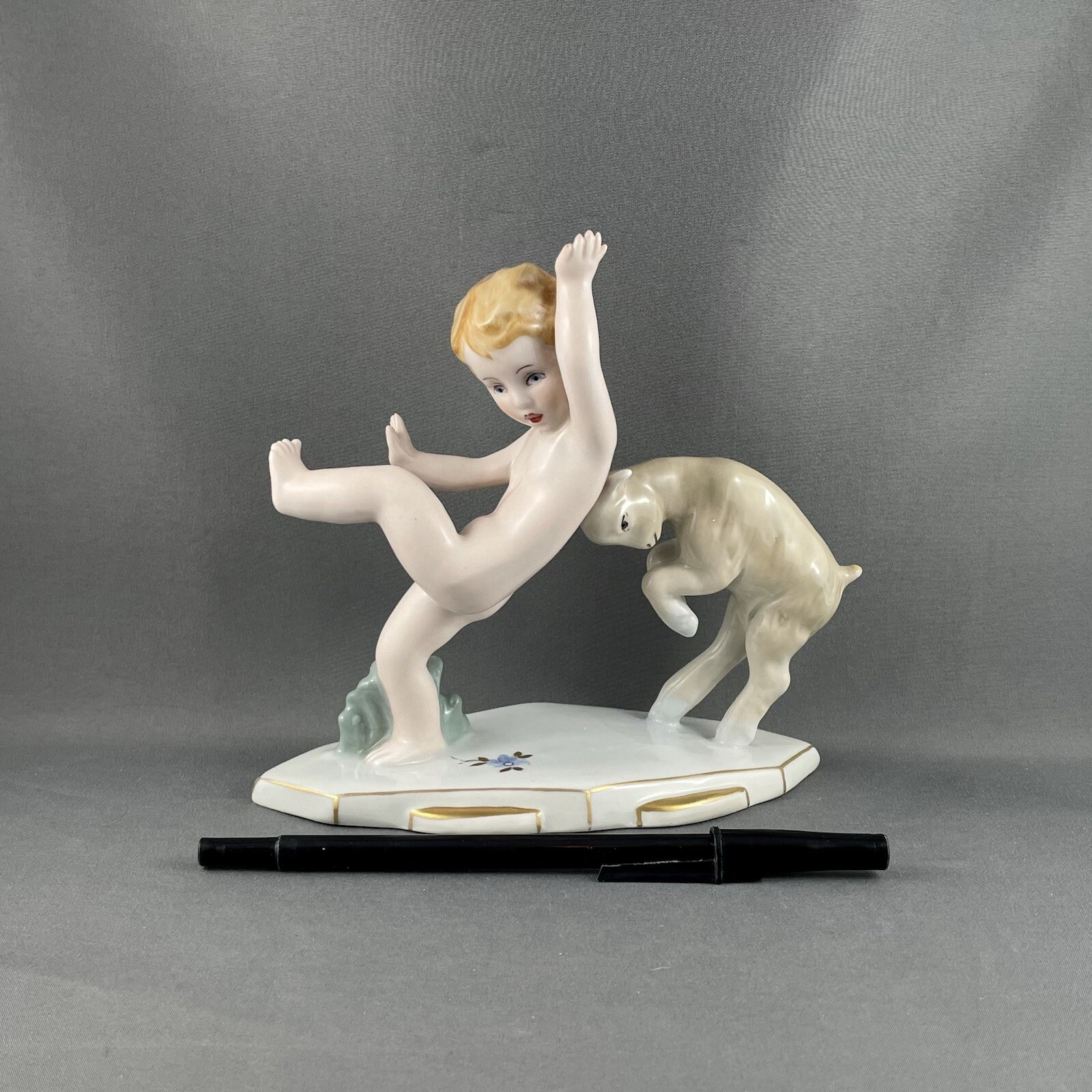 Royal Dux Figurine, Boy, Cherub, Putti with Goat, 6″ L