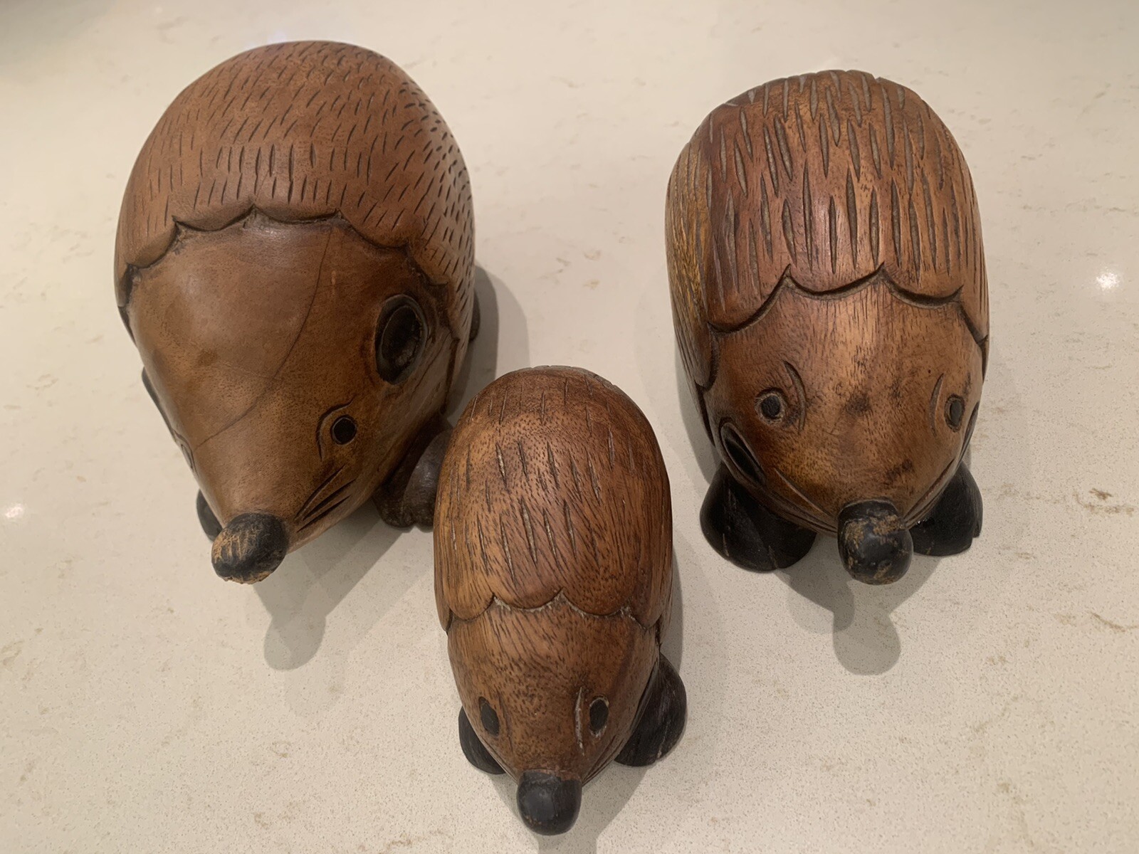 Hand Carved Wooden Hedgehog Figurines Set of 3 small medium and large