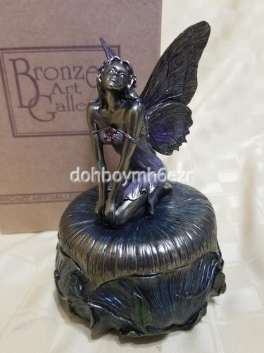 Rare Bronze Art Gallery Nouveau Fairy Box Leaf Collectible Figurine