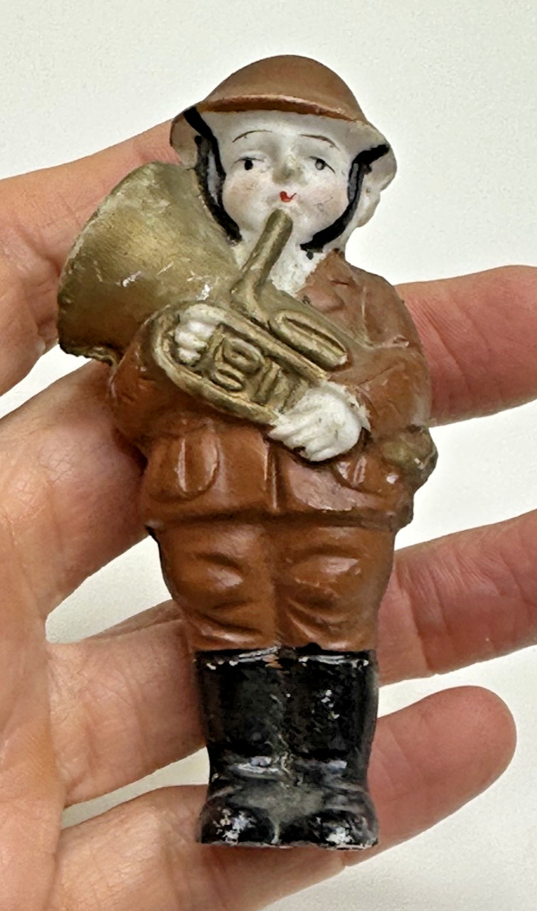 Vintage Figurine Military WWI Man Playing Horn Ceramic Japan Brown Outfit 3.5 in