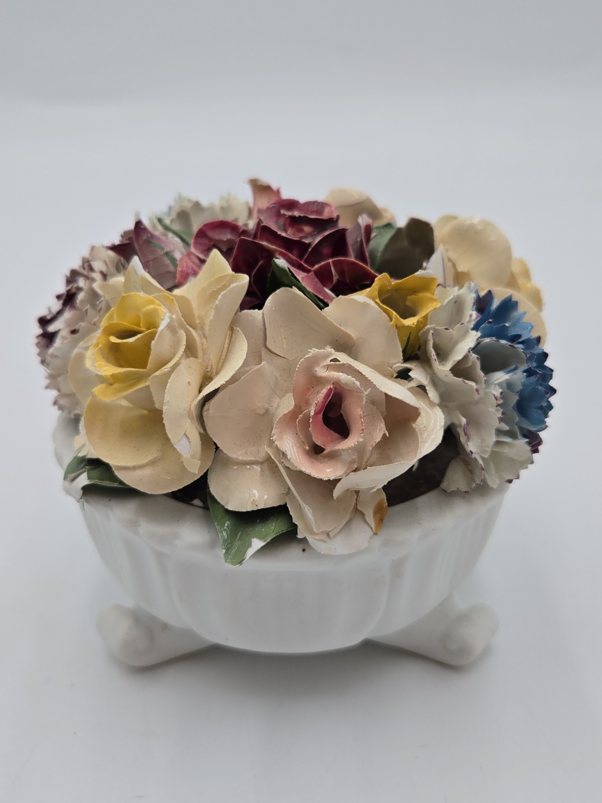 Vintage Porcelain Flower Basket Figurine Floral Ceramic Decor 4.5″